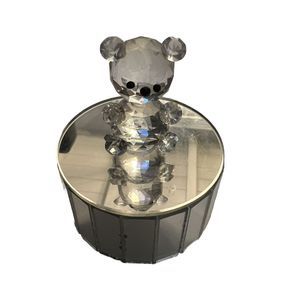 Crystal Cut Glass Figurine of Teddy Bear Sitting On Beveled Mirror / Music Box